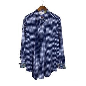 Robert Graham Blue Plaid Art to Wear Buildings printed cuffs 1XL